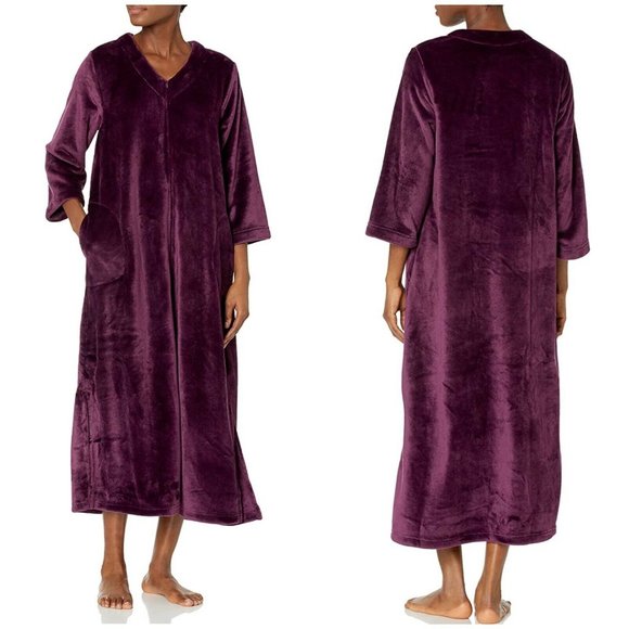 Natori Women Cashmere Fleece Zip Caftan Extra Small XS Plum Purple Zipper Robe - Picture 2 of 12